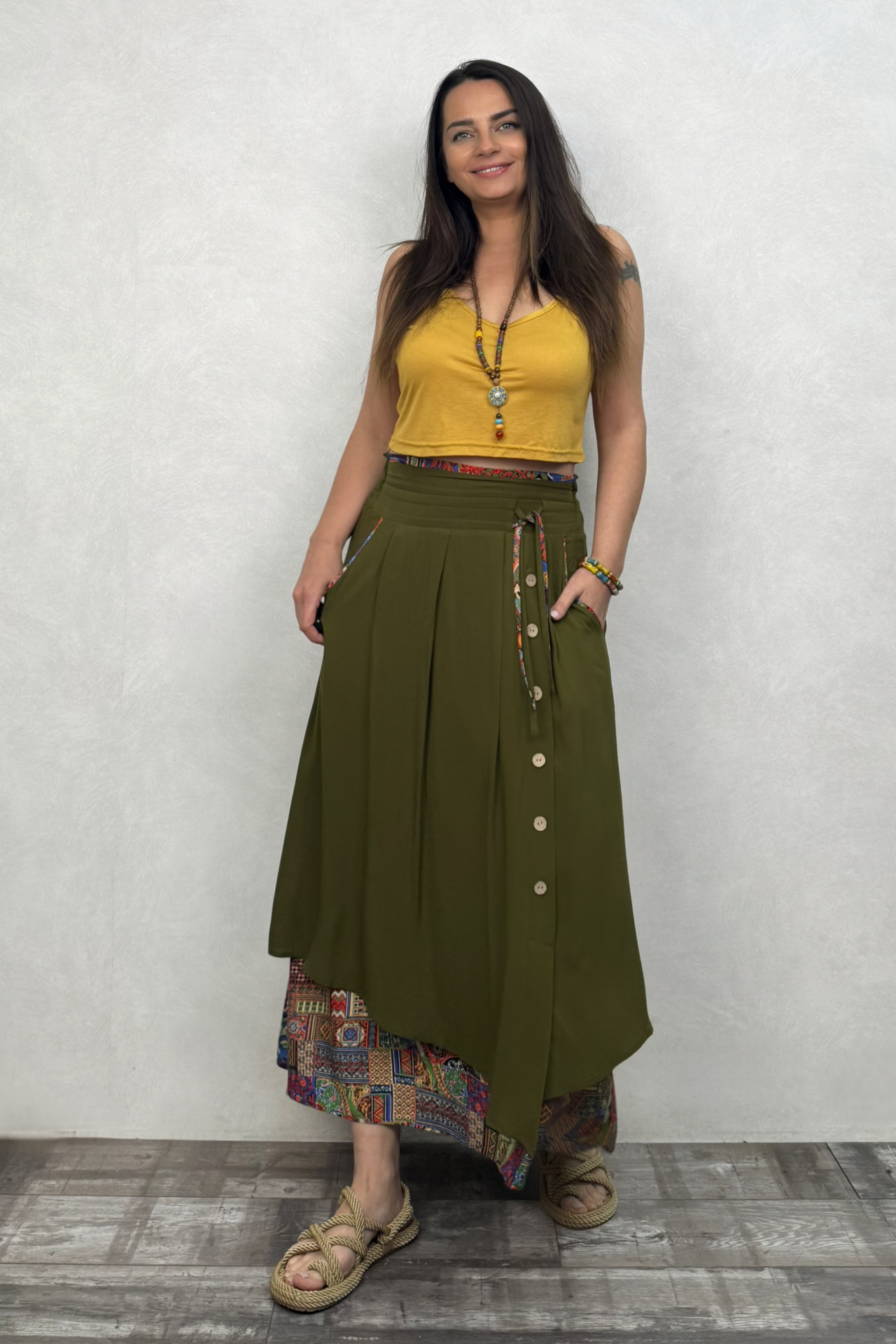 Çift Katlı Polly Gypsy Etek - Haki Desenli