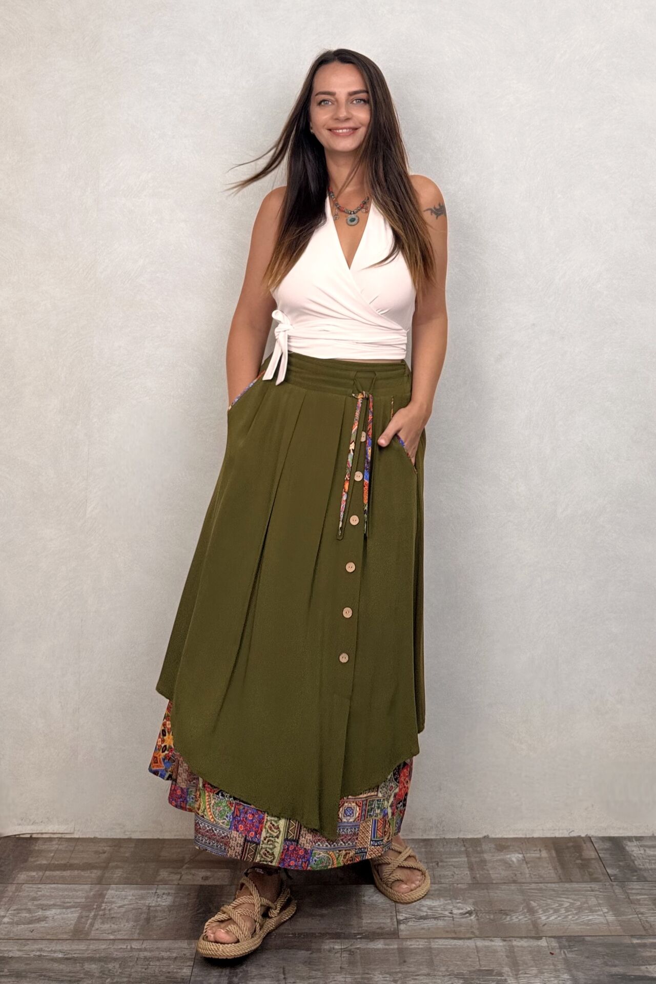Çift Katlı Polly Gypsy Etek - Haki Desenli