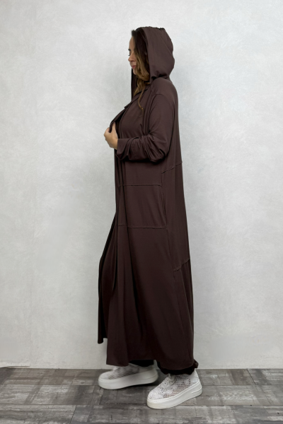 Sasha Kapşonlu Patch Uzun Kaftan  - Kahverengi