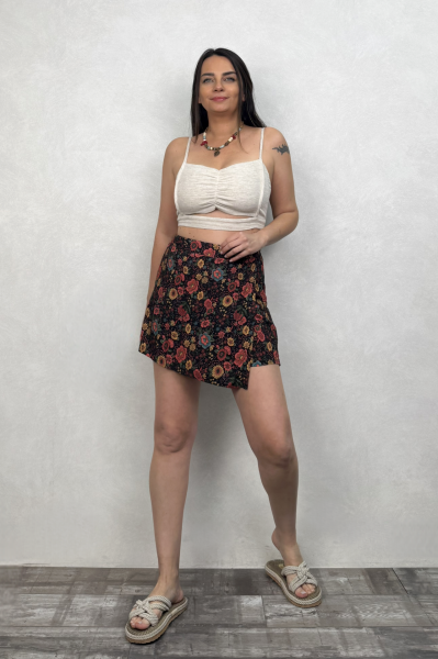Mayra Mini Şortlu Etek - Siyah Çiçekli