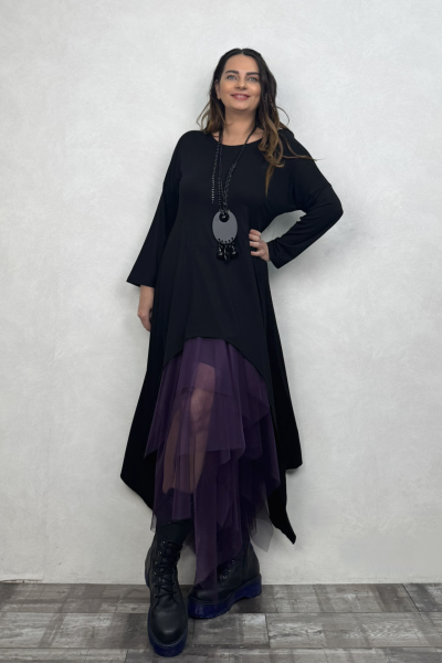 Maxi Viskon Tunik ve Kat Kat Tül Etek Kombin - Mor Siyah