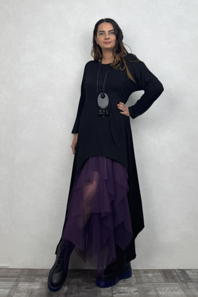 Maxi Viskon Tunik ve Kat Kat Tül Etek Kombin - Mor Siyah