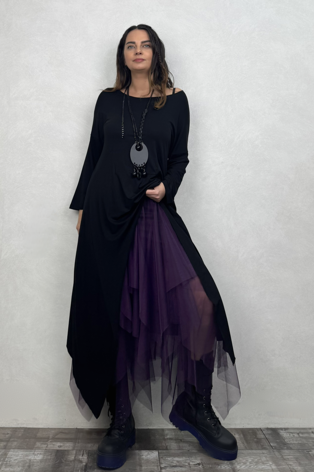 Maxi Viskon Tunik ve Kat Kat Tül Etek Kombin - Mor Siyah