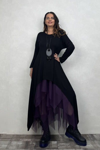 Maxi Viskon Tunik ve Kat Kat Tül Etek Kombin - Mor Siyah