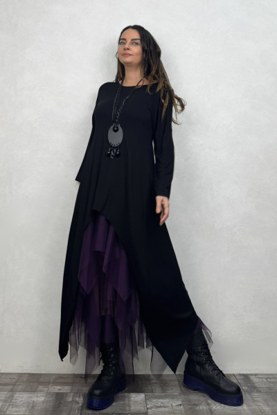 Maxi Viskon Tunik ve Kat Kat Tül Etek Kombin - Mor Siyah