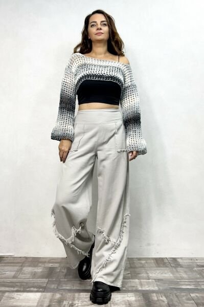 Püskül Detaylı Gabardin Pantolon - Açık Gri