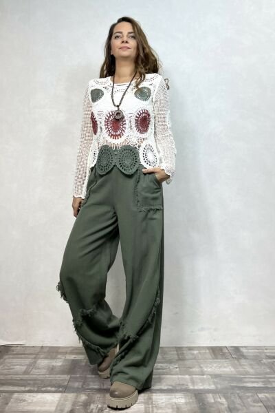 Püskül Detaylı Gabardin Pantolon - Haki