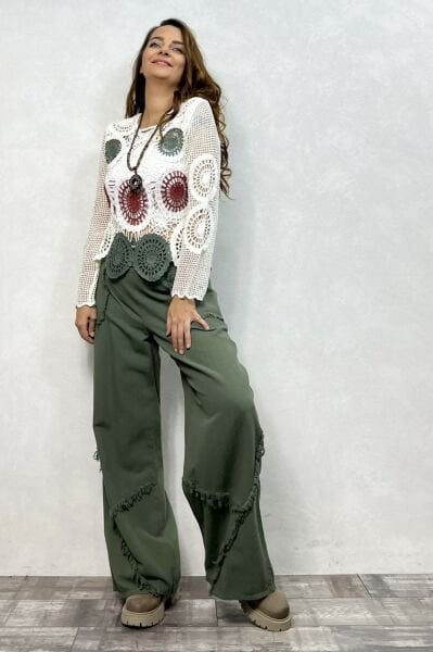 Püskül Detaylı Gabardin Pantolon - Haki