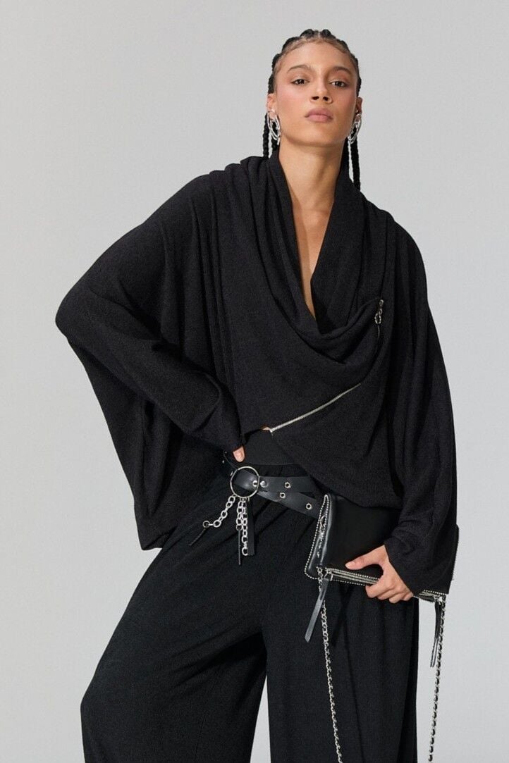 Lamante Pia Triko Fermuarlı Bluz - Siyah