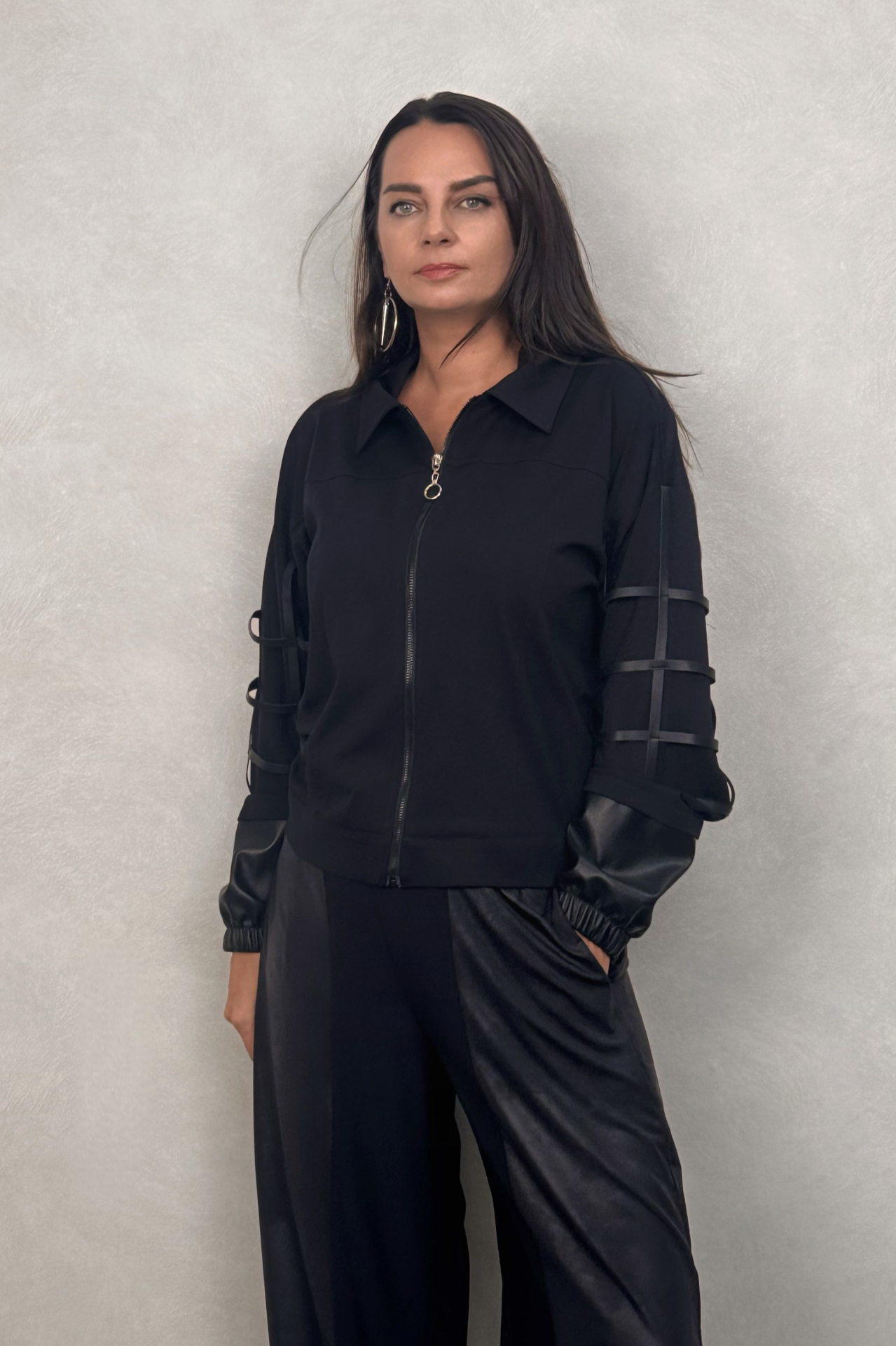 Lamante Deri Şeritli Ceket- Siyah