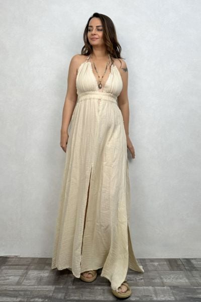 Lilith Müslin Elbise Beige - Bej
