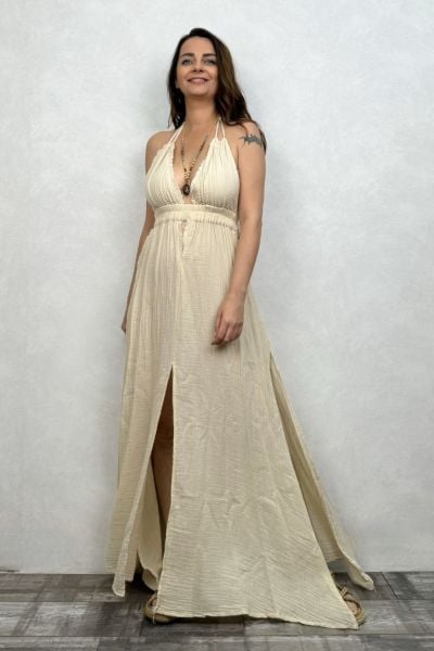 Lilith Müslin Elbise Beige - Bej
