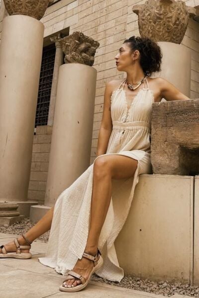 Lilith Müslin Elbise Beige - Bej