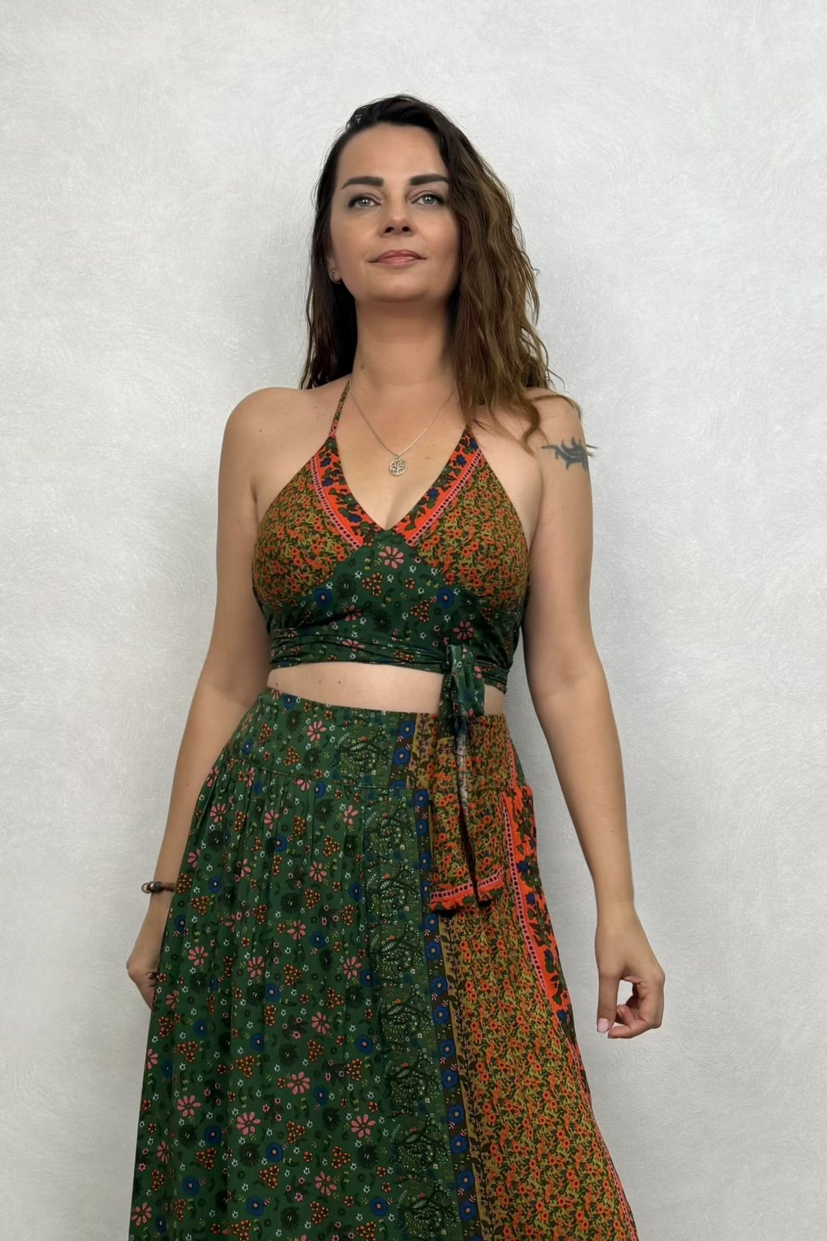 Boyundan Bağlamalı Kuplu Crop Bluz - YeşilYasemin