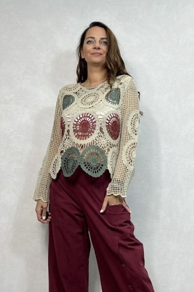 Mandala Desen Dantel Bluz - Krem