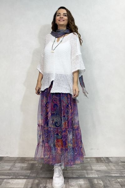 Merserize Bluz ve Tül Etek Kombin - Beyaz Mor Tribal