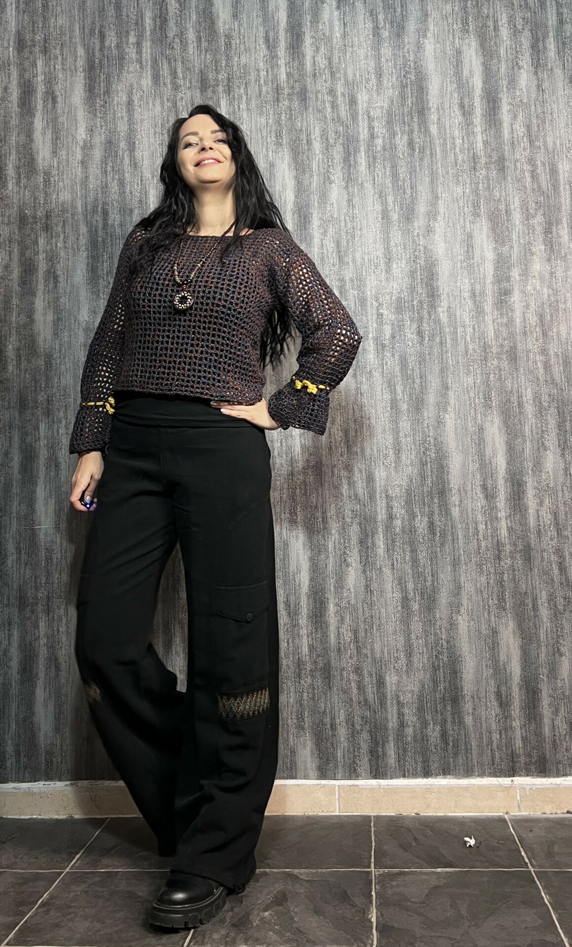 Kol Detaylı Batik File Örgü Bluz- Lacivert
