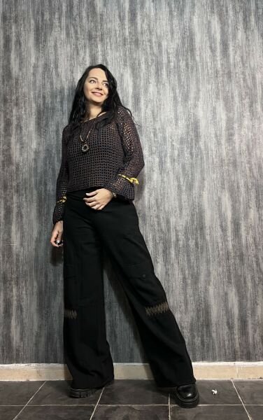 Kol Detaylı Batik File Örgü Bluz- Lacivert