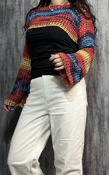 İspanyol Kol Batik File Örgü Bolero- Renkli