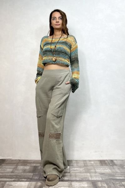 Kol Detaylı Batik File Örgü Bluz- Sarı Yeşil