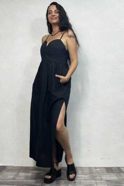 Polka Keten Elbise -  Siyah