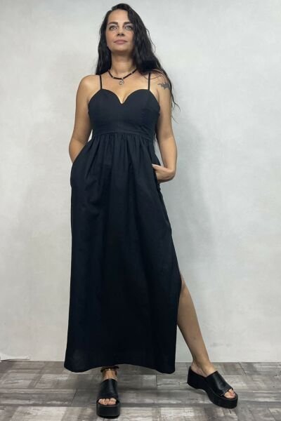 Polka Keten Elbise -  Siyah