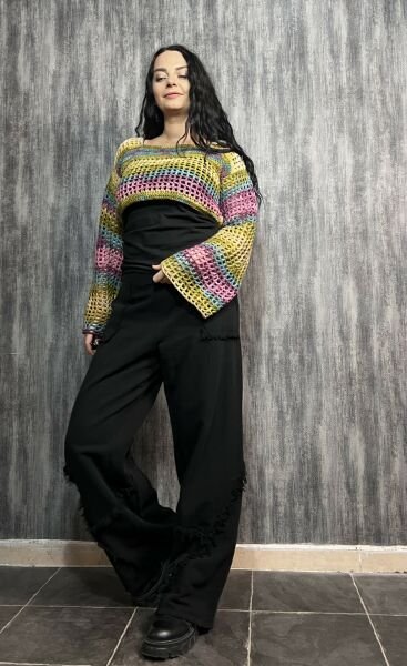 İspanyol Kol  Batik File Örgü Bolero- Yeşil-Pembe