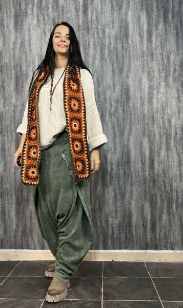 Motifli El Örgüsü Atkı,  Eldiven - Yeşil