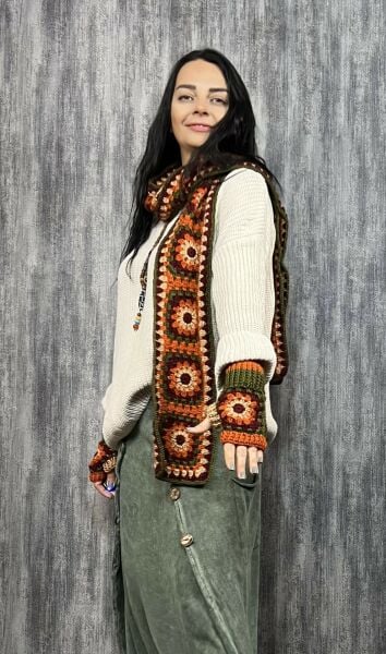 Motifli El Örgüsü Atkı,  Eldiven - Yeşil