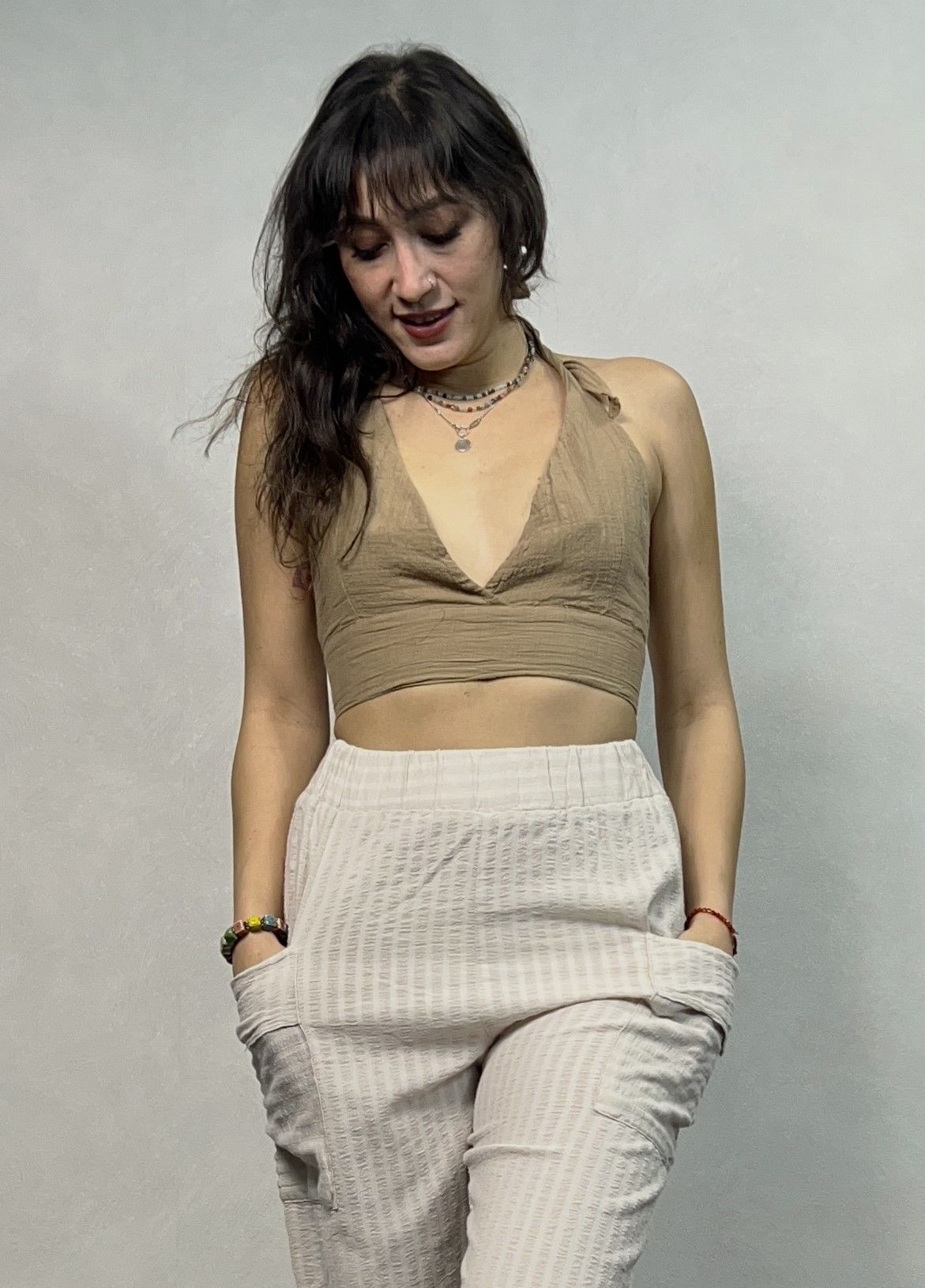 Bağlamalı Crop Top - Kahverengi