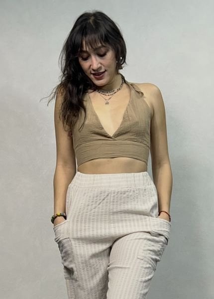 Bağlamalı Crop Top - Kahverengi