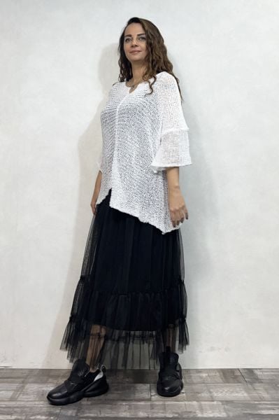 Merserize Bluz ve Tül Etek Kombin - Beyaz Siyah