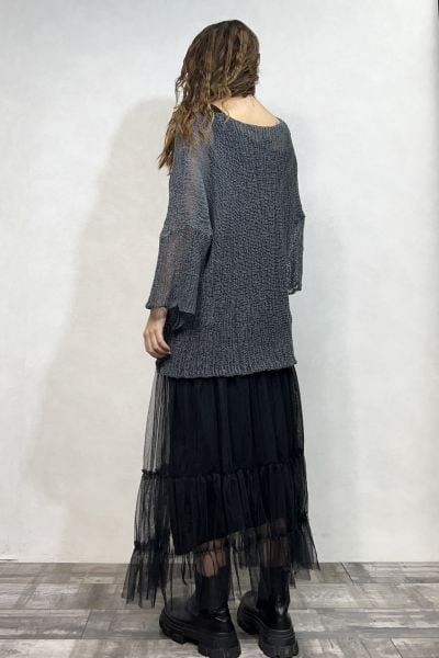 Merserize Bluz ve Tül Etek Kombin - Antrasit Siyah