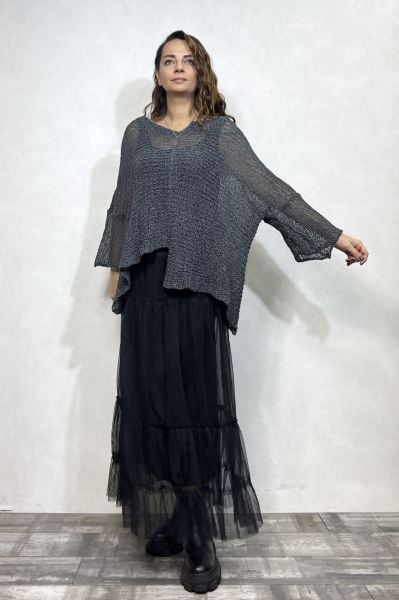 Merserize Bluz ve Tül Etek Kombin - Antrasit Siyah