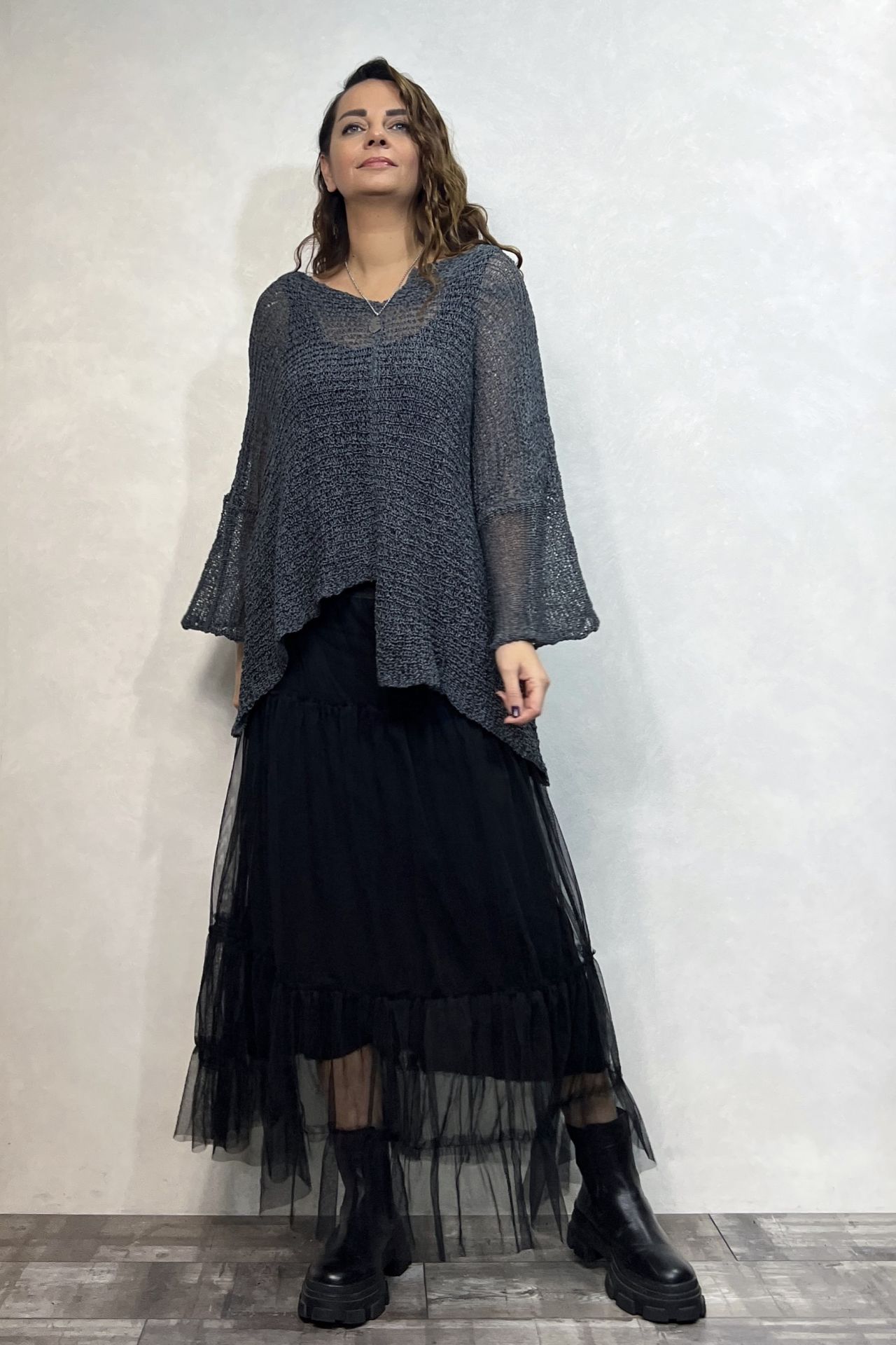 Merserize Bluz ve Tül Etek Kombin - Antrasit Siyah