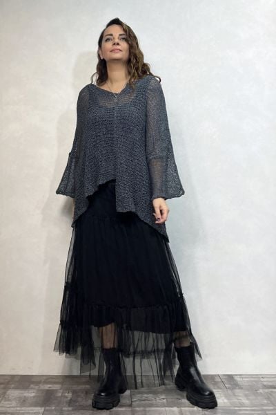 Merserize Bluz ve Tül Etek Kombin - Antrasit Siyah