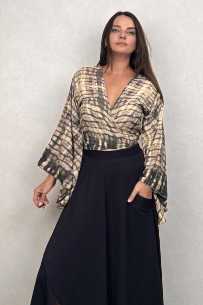 Kimono Kol İpek Bolero Bluz - Siyah Eskiz