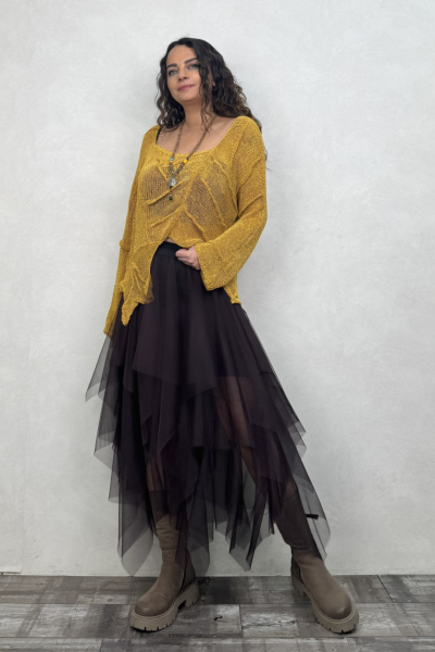 Pera Bluz ve Kat Kat Tül Etek Kombin - Hardal Soğuk Kahve