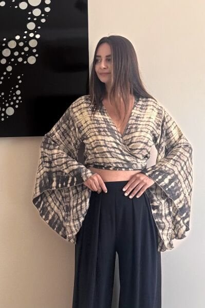 Kimono Kol İpek Bolero Bluz - Siyah Eskiz