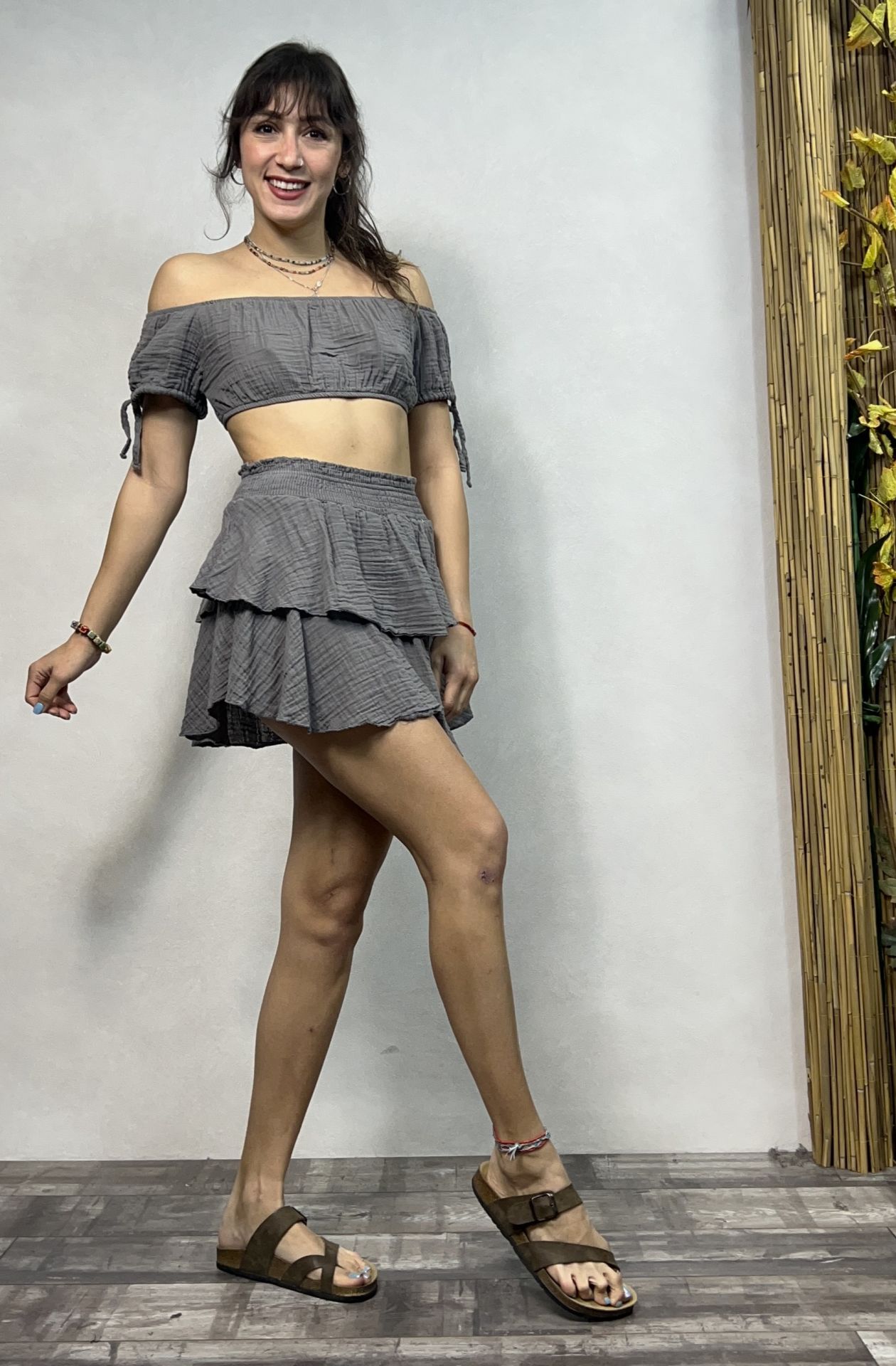 Pan Müslin Şort Etek Dark Grey - Gri