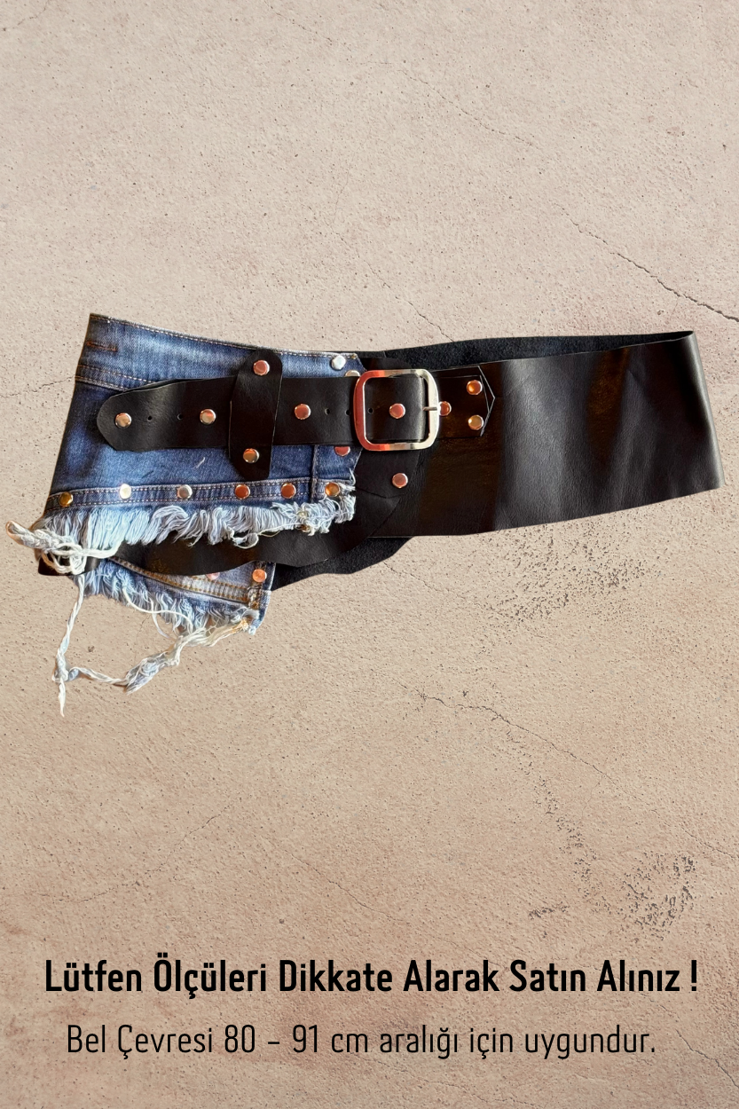 El Yapımı Kot Detaylı Deri Kemer - Mavi Siyah 69