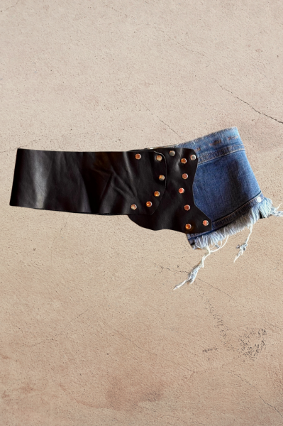 El Yapımı Kot Detaylı Deri Kemer - Mavi Siyah 69