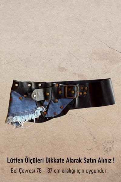 El Yapımı Kot Detaylı Deri Kemer - Mavi Siyah 73