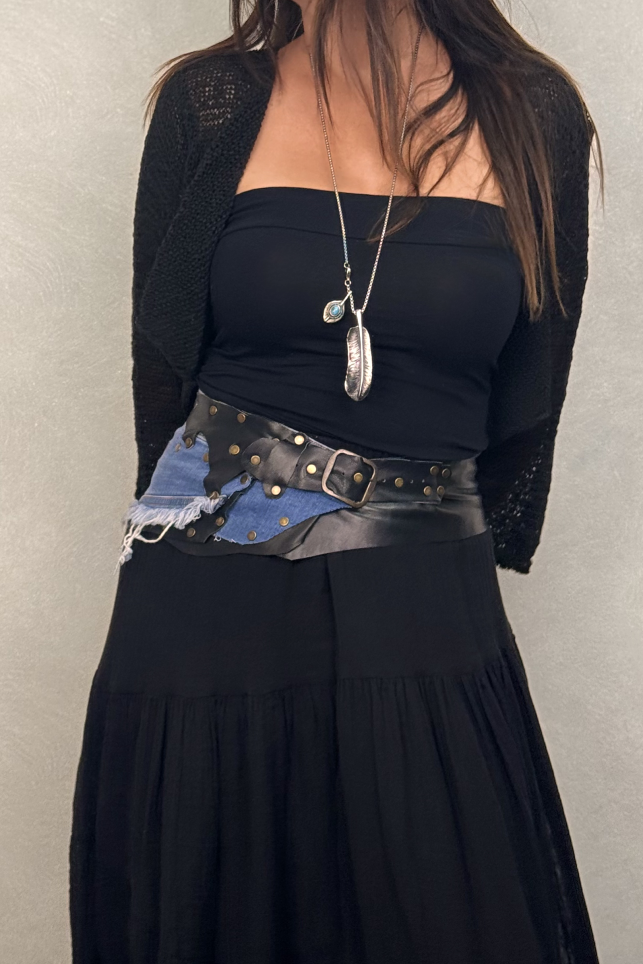 El Yapımı Kot Detaylı Deri Kemer - Mavi Siyah 73