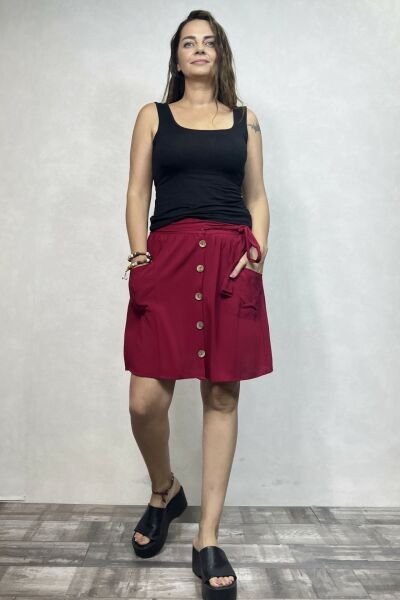 Bohem Düğme Detaylı Mini Etek - Bordo