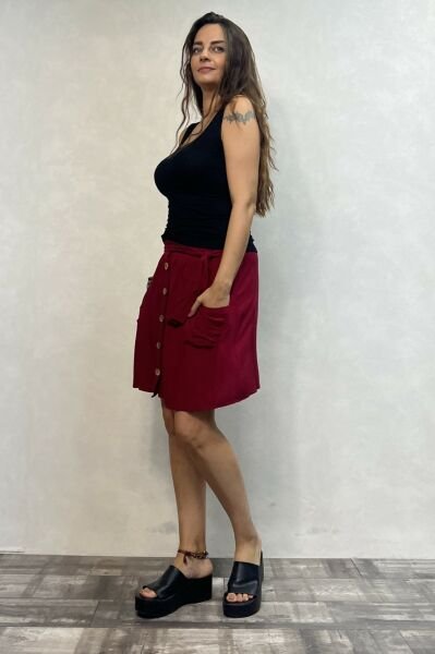 Bohem Düğme Detaylı Mini Etek - Bordo