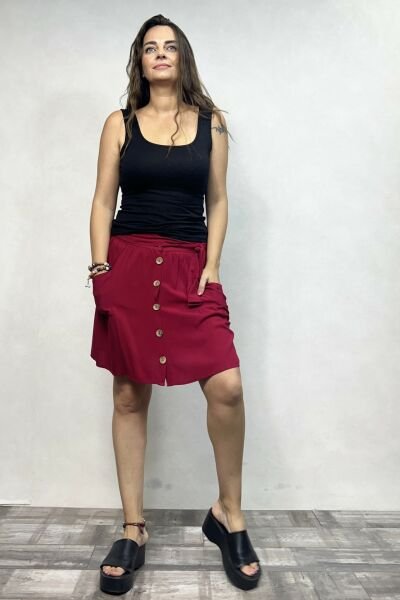 Bohem Düğme Detaylı Mini Etek - Bordo