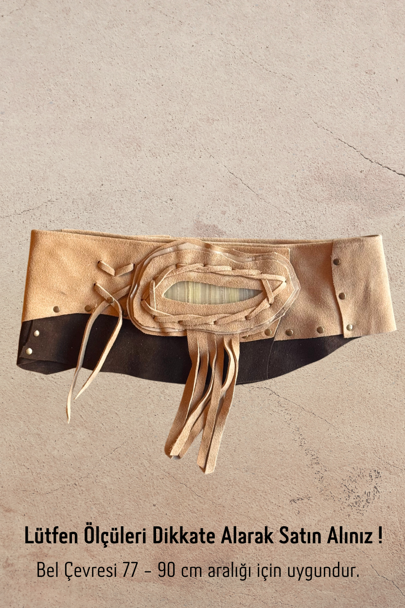Taş Tokalı Süet Deri Kemer - Kahve Kum Beji 2