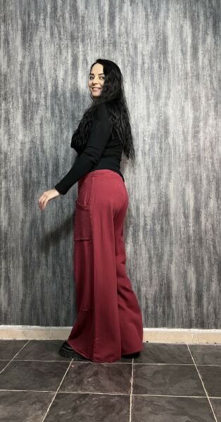 File Detaylı Gabardin Pantolon Bordo
