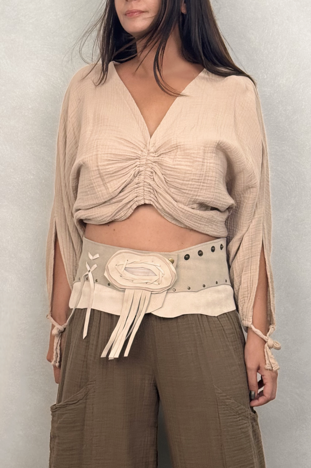 Taş Tokalı Süet Deri Kemer - Bej 4